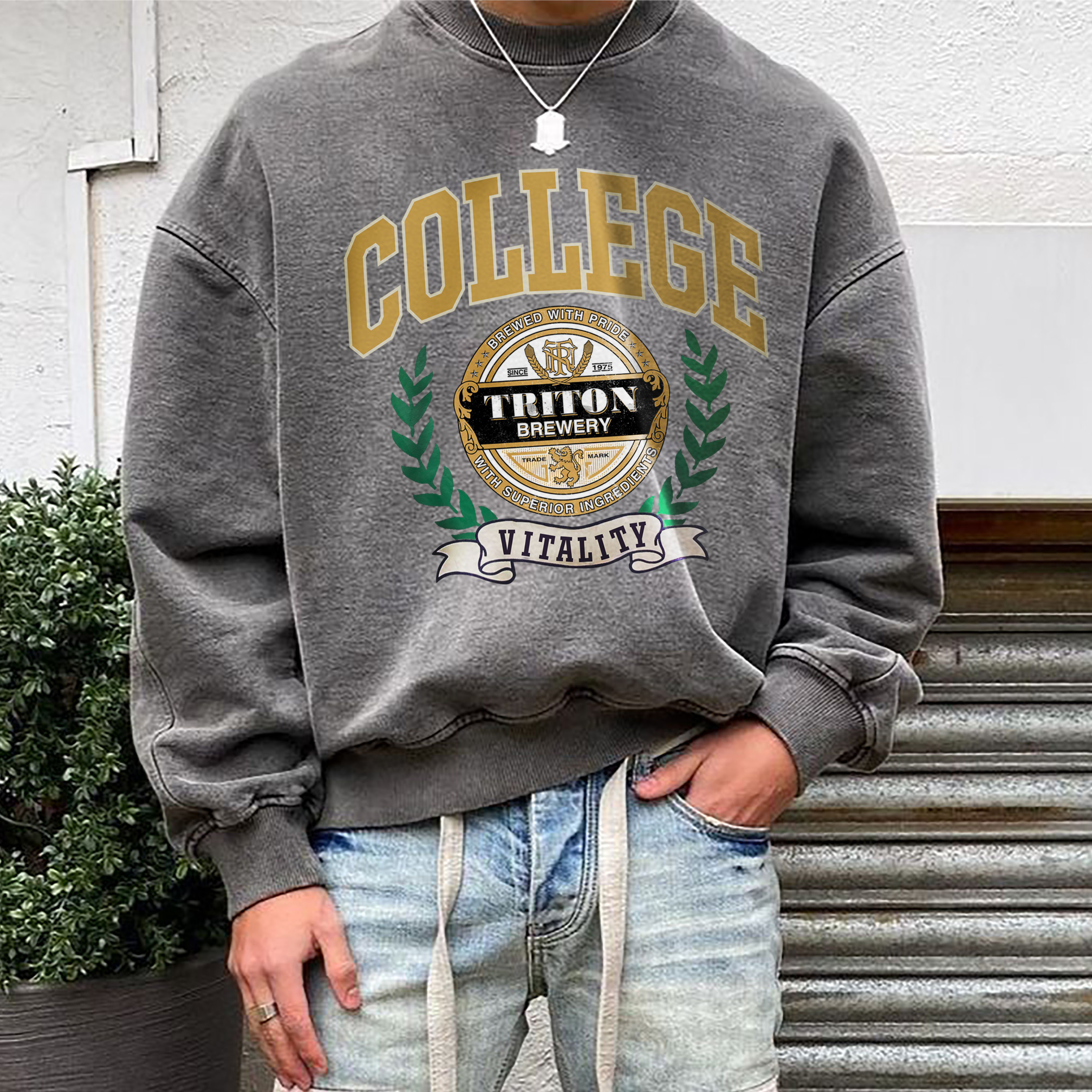 Men College Print Crew Neck Sweatshirt
