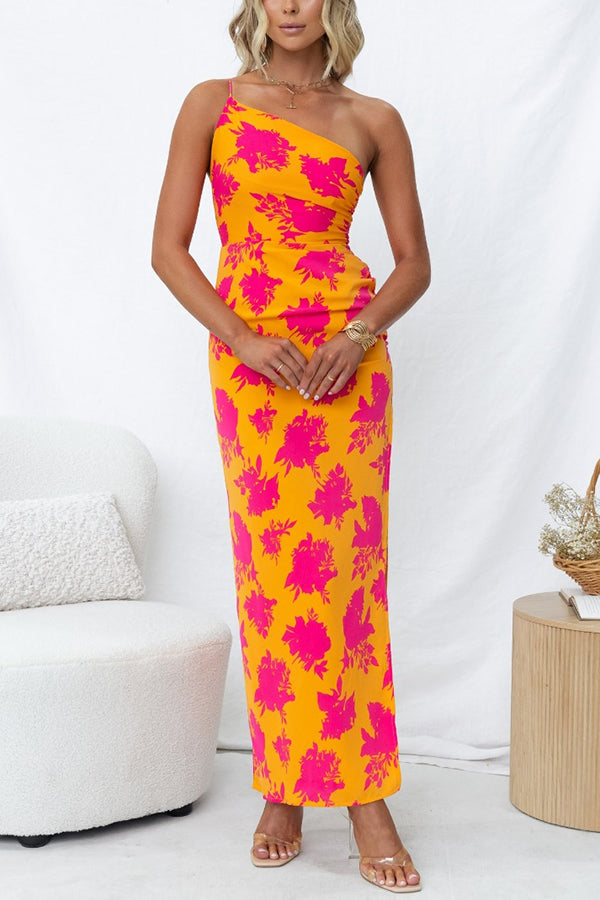 Right Time Floral Print One Shoulder Slit Maxi Dress