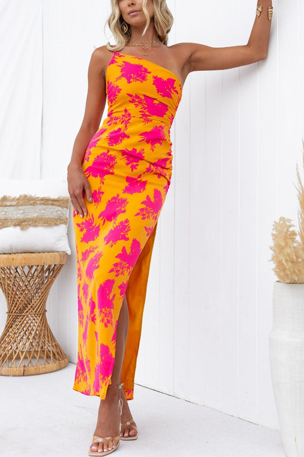 Right Time Floral Print One Shoulder Slit Maxi Dress