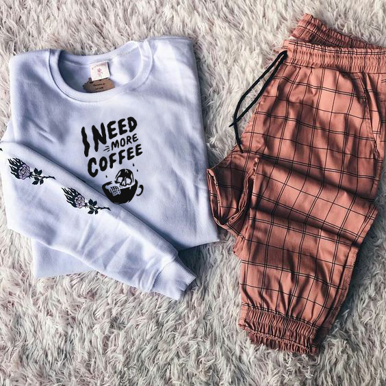 Casual Print Sweatshirt Check Sweatpants Set
